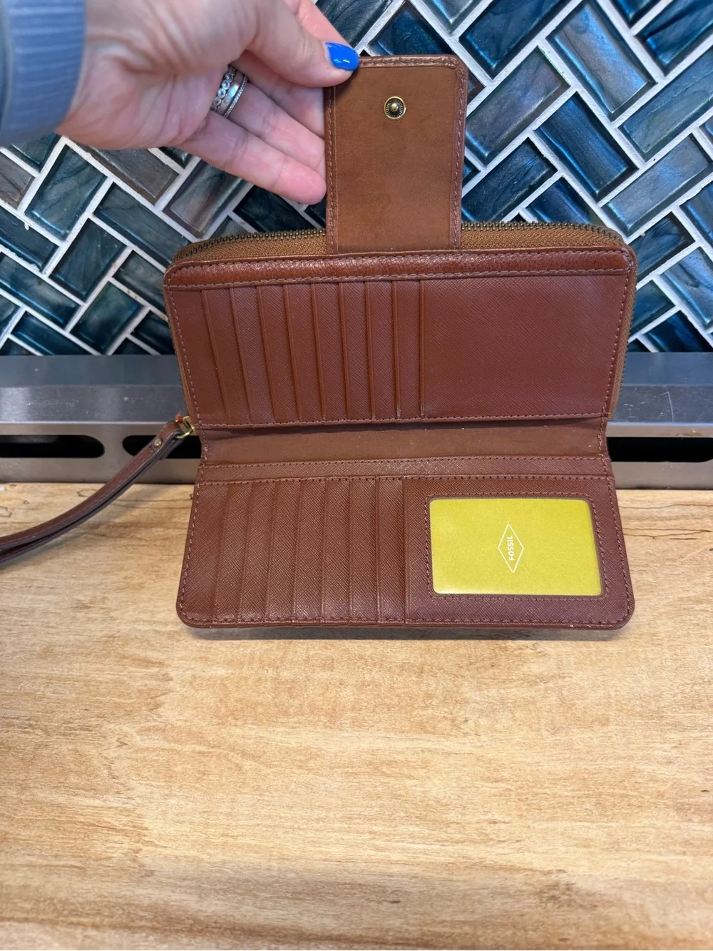 Fossil Chocolate Brown Leather Wristlet Wallet with Strap